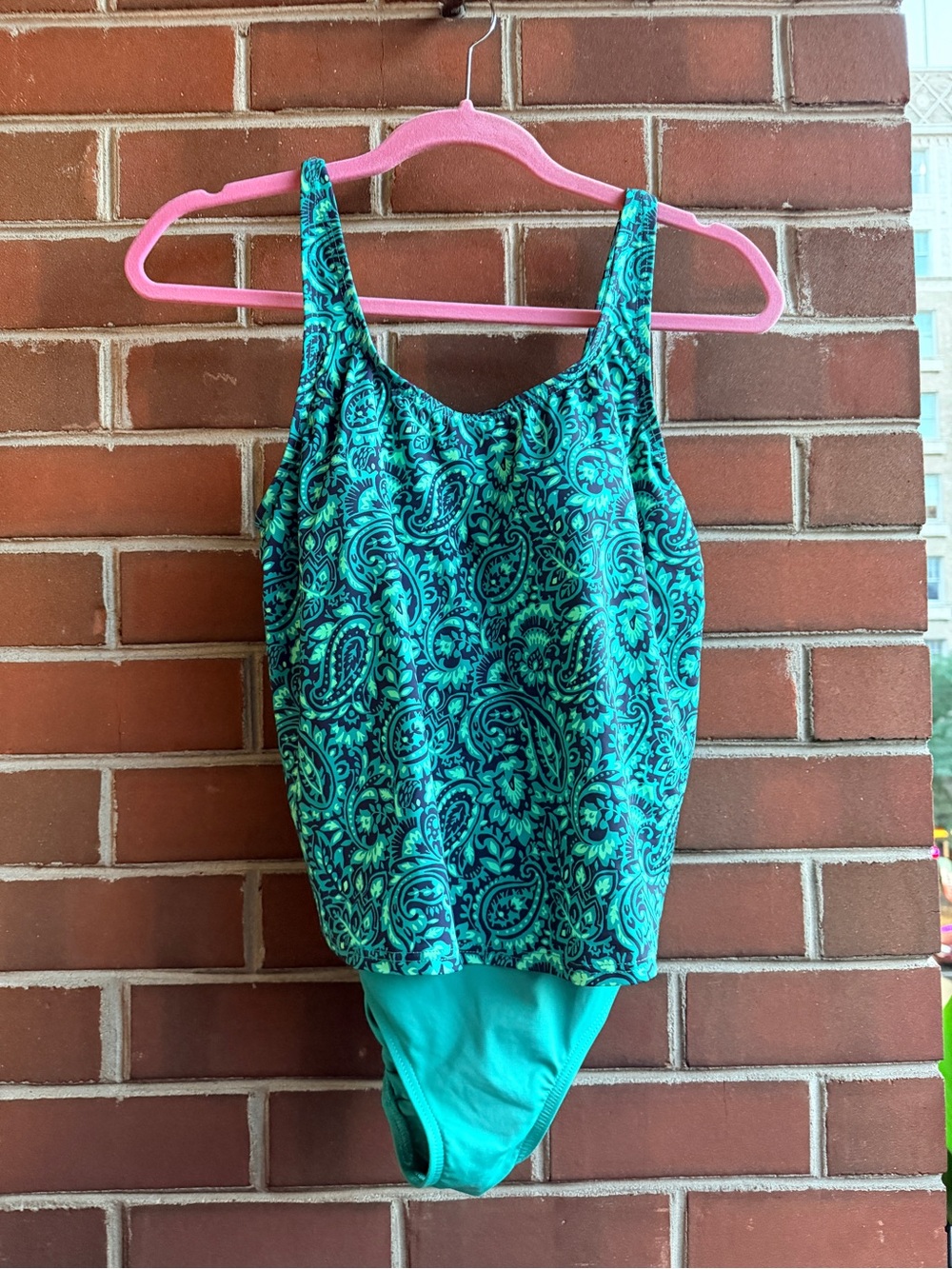 Lands End Green and Navy Paisley Tank One-Piece Swimsuit